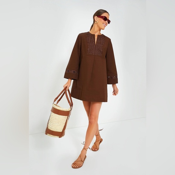 Tuckernuck Tahlia Embroidered Mini Dress XXS Brown Kimono Sleeve NWT Boho Chic - Picture 1 of 6